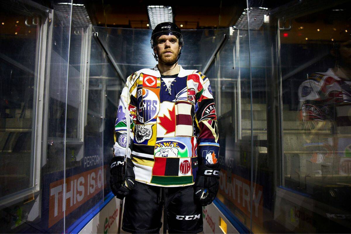 Connor McDavid of the Edmonton Oilers models one of the five handcrafted jerseys. (Photo courtesy of Rogers/The Great Canadian Jersey)
