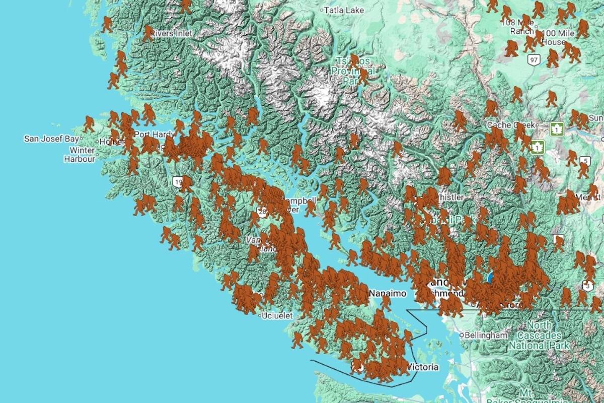 Sasquatch researcher Kerry Clausen-Kilmury, based in Comox, has created an interactive map of Sasquatch sightings and notable news stories across Canada, including multiple events on Vancouver Island. (Canada Sasquatch Map/Screenshot)
