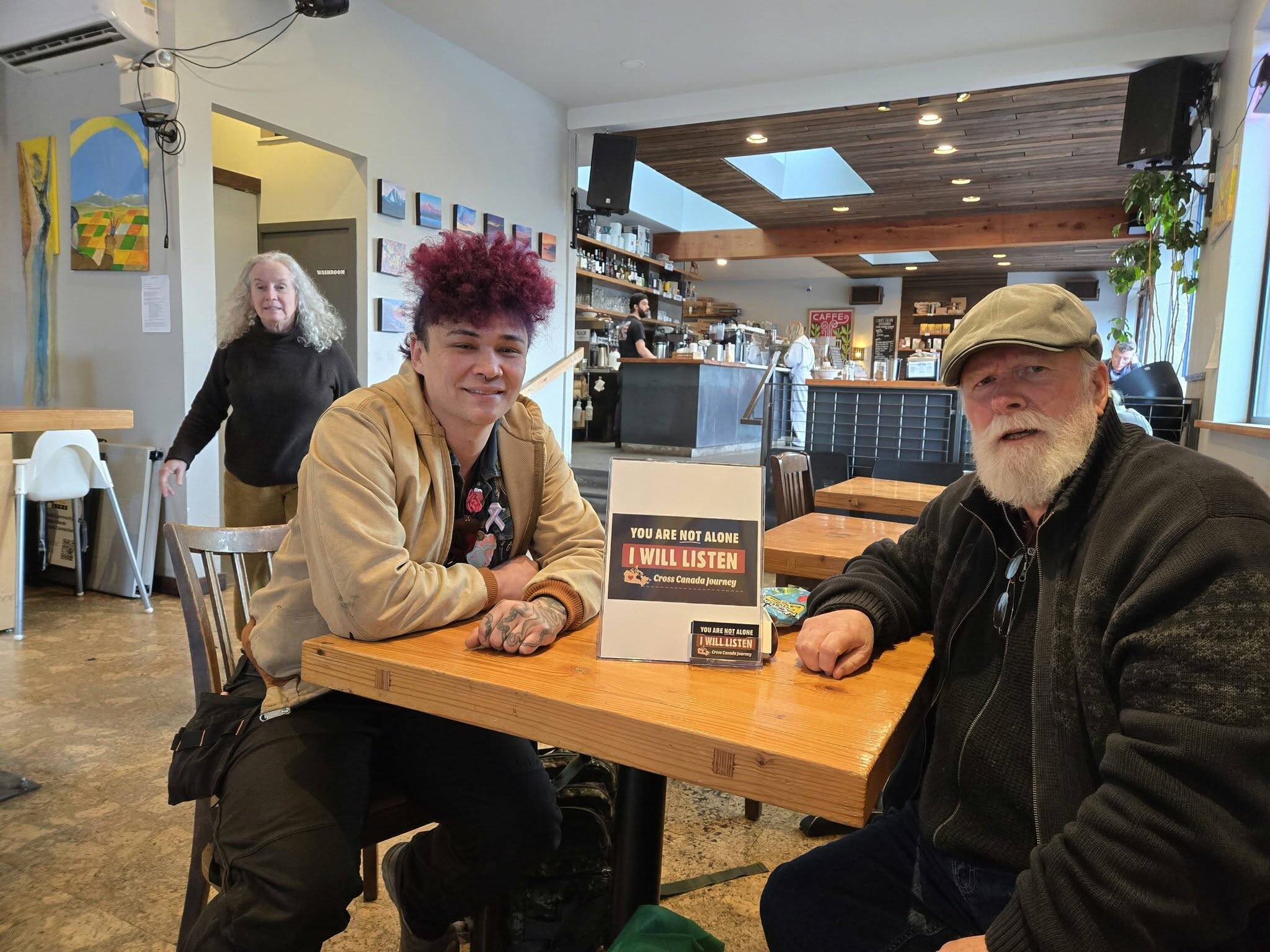 Paul Jenkinson meets people while in Victoria at Cafe Fantastico in Quadra Village. (You are not alone, I will listen - A Cross Canada Journey/Facebook)