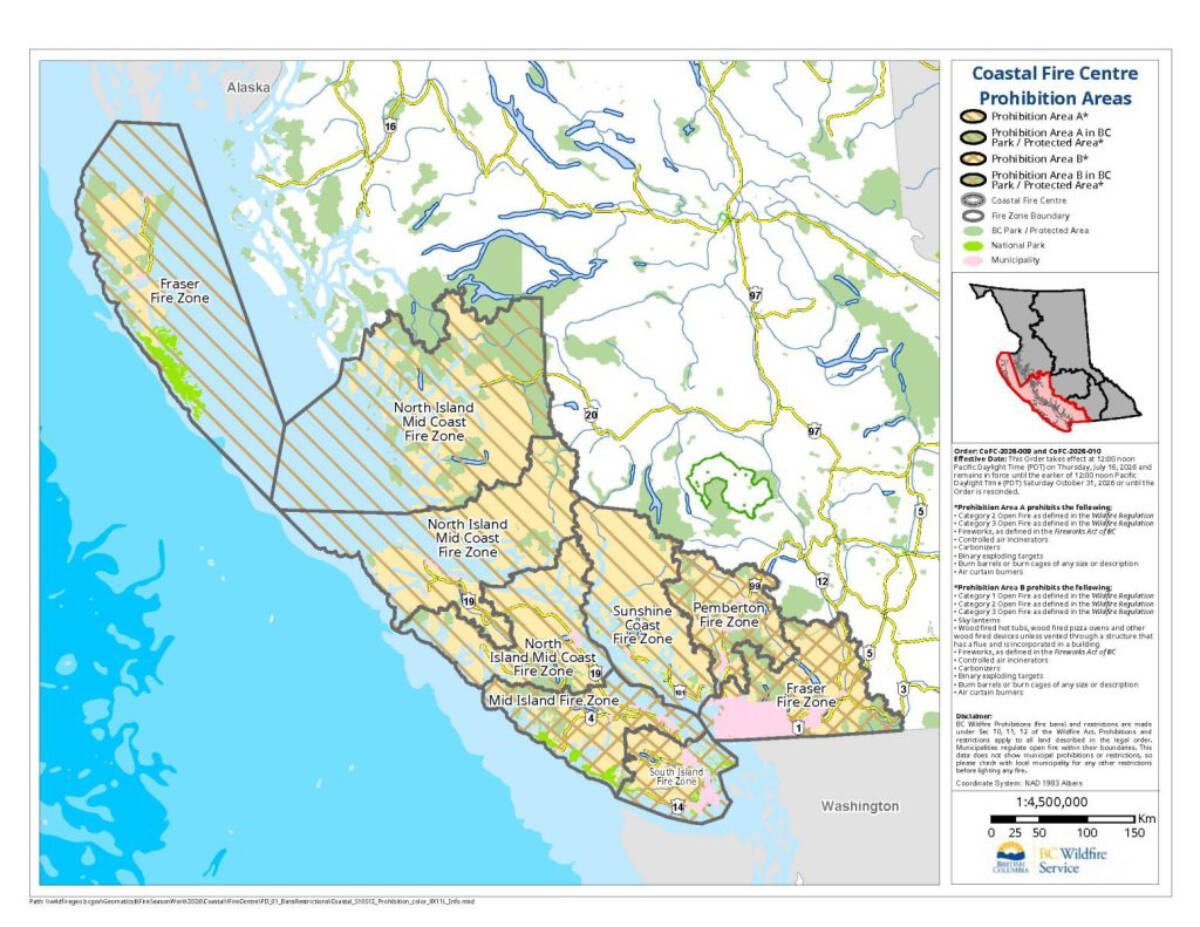 A fire ban comes in effect Thursday (July 16) at noon for much of Vancouver Island and the B.C. coast. (BC Wildfire Service)
